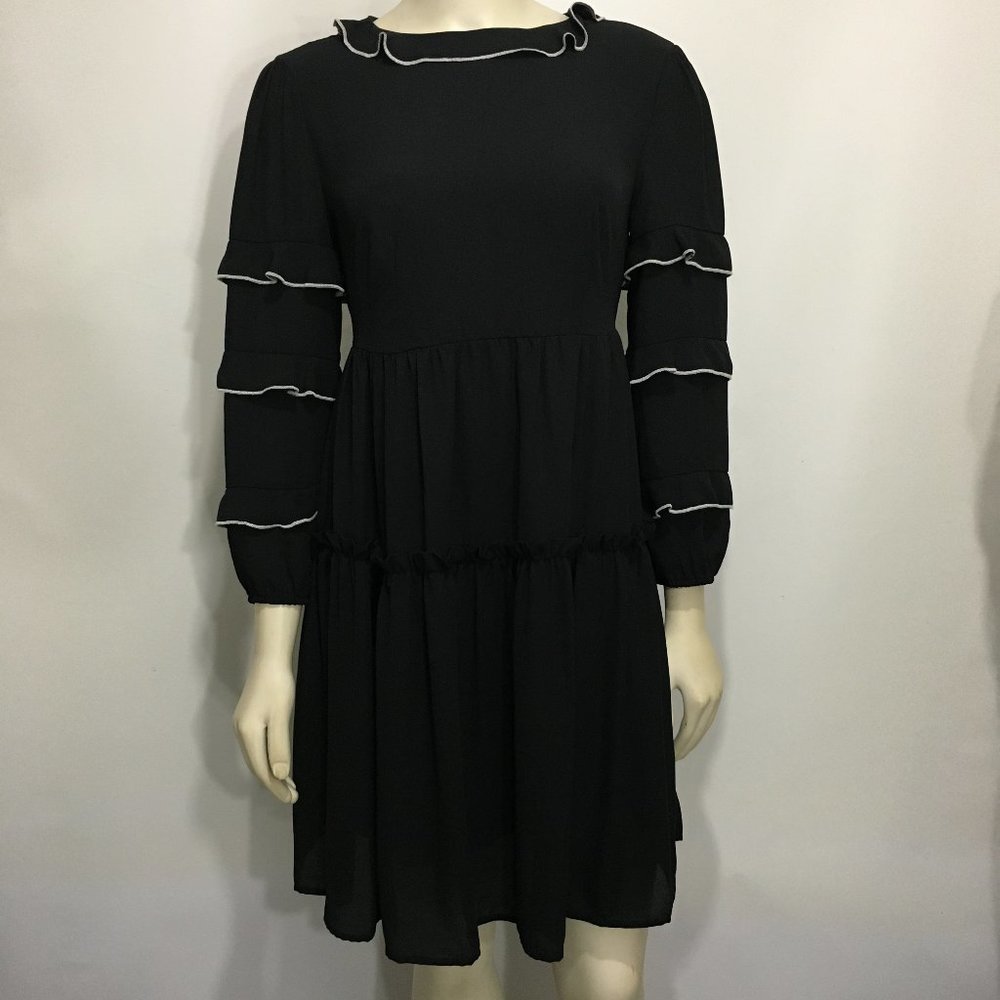 Who Wore What XS Black White Trim Ruffles Tiered Mini-Dress LBD